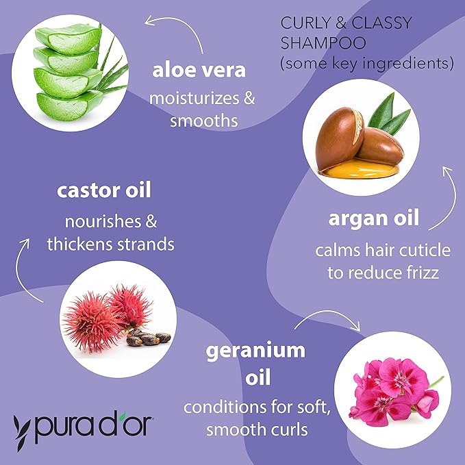 PURA D'OR Curly & Classy Shampoo & Conditioner Set for Defined Curls - Nourishing Formula with Argan, Castor, Geranium, Coconut & Kukui Seed Oils