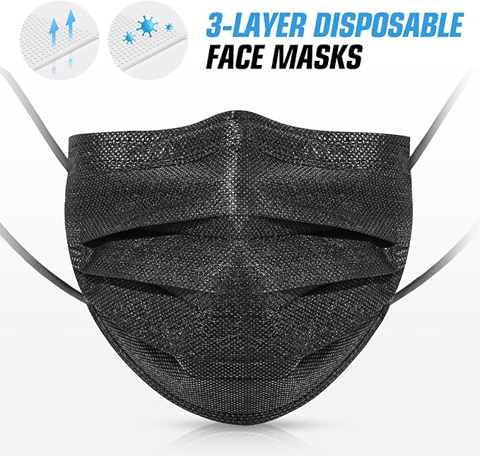 50 PCS Black Disposable Face Masks 3-Ply Filter Earloop Mouth Cover, Face Mask