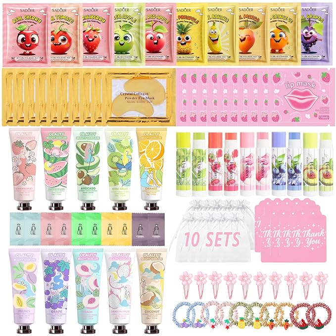 100Pcs Spa Party Supplies for Girls,Spa Party Favors Skincare Fruit Face Masks,Lip Masks,Under Eye Patches,Hand Cream,Lip Balm,Compressed Towel,Hair Tie,Spa Birthday Sleepover Party Supplies for Women