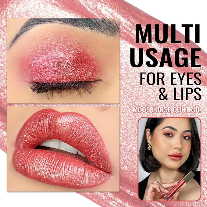 Oulac Red Metallic Lipstick for Women, Orange Red Lip Gloss, Lip & Eye 2 IN 1, Long Lasting Waterproof Lipstick, Oil-Based Formula, High Impact Lip Color, Transfer Proof, Vegan MD05