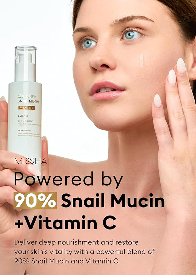 MISSHA Cell Renew Snail Mucin Vitamin C Essence Serum 3.38 Fl oz - Hydrating Korean Skincare for Glass Skin, Snail Mucin Serum for Improved Skin Texture & Complexion