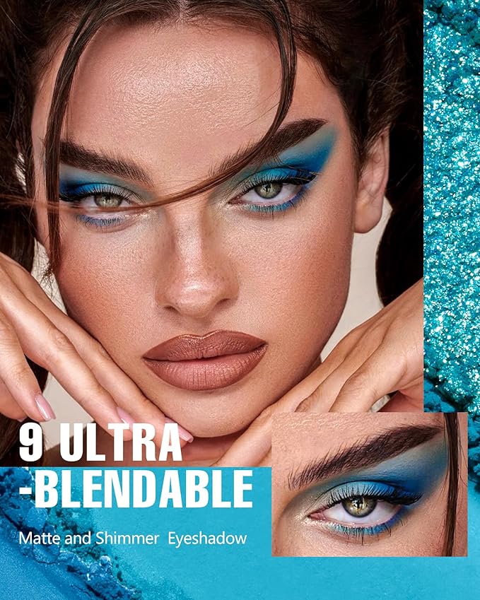 Blue Eyeshadow Palette for Women Blue Eye Shadow 9 Color Matte Shimmer Glitter Eye Makeup Palette Long Lasting Pigmented Eyes Makeup-9Blue