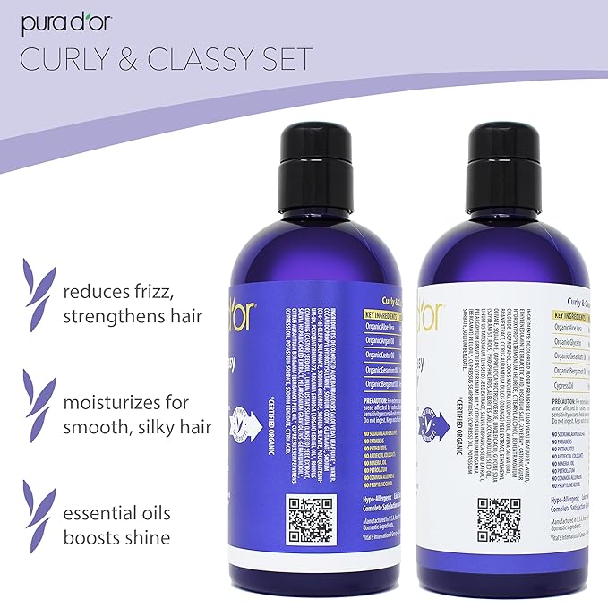 PURA D'OR Curly & Classy Shampoo & Conditioner Set for Defined Curls - Nourishing Formula with Argan, Castor, Geranium, Coconut & Kukui Seed Oils