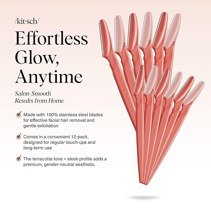 Kitsch Dermaplane Razor for Women Face – Face Razors for Women & Men, Eyebrow Trimmer & Face Shaver – Exfoliating Facial Razor & Skin Care Tool for Smoother Skin - Coral, 12 pcs