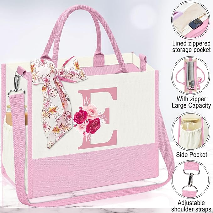 Gifts for Women,Initial Canvas Tote Bag,Personalized Gift for Woman,Monogrammed Gifts for Women,Initial Makeup Bag,Birthday Gift for Mom,present for Niece Sister-E