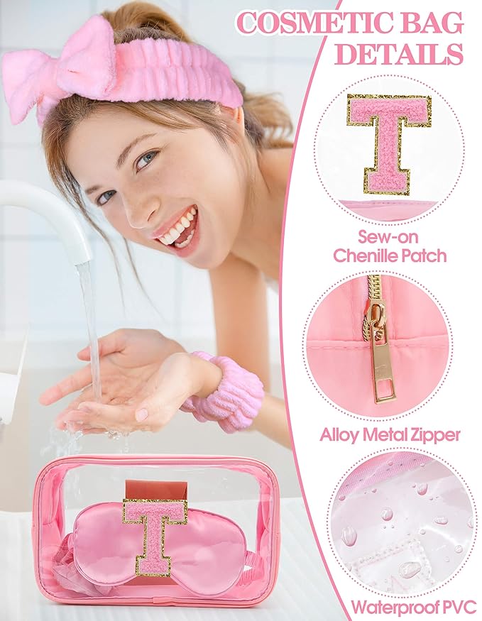 Gift Sets for Women, Initial Makeup Bag with Makeup Brush Set Bachelorette Party Favors, Pink Spa Kit with Skincare Headbands Wrist Bands Sleepover Party Supplies Gifts for Teen Girls Bridesmaid T