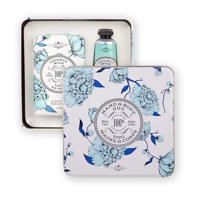 La Chatelaine Coconut Milk Triple Milled Bar Soap and 20% Shea Butter Hand Cream Gift Set, Decorative Tin, Plant-Based, Natural & Organic, Made in France (7 oz. soap bar, 1 oz. hand lotion)