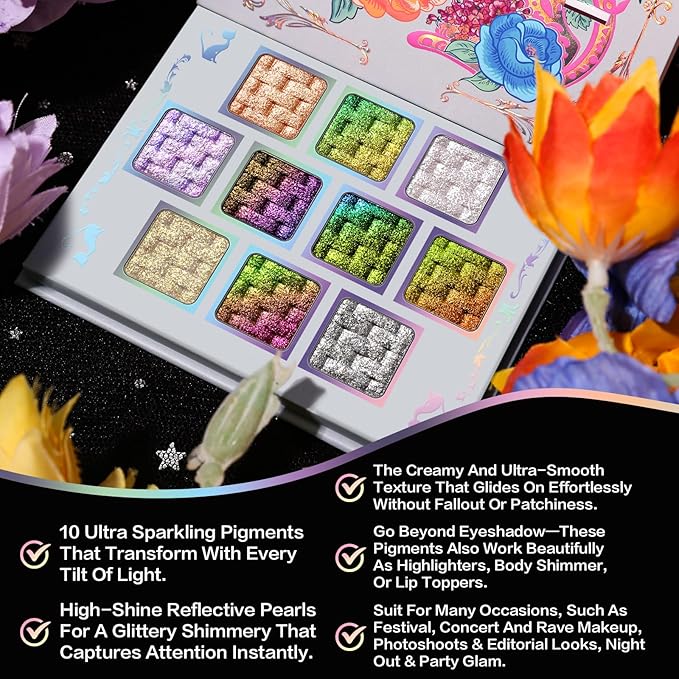 UCANBE Chameleon Multichrome Eyeshadow Palette, 10 Colors Shifting Chromatic Sparkling Metallic Eye Shadow, Multi-Use Blendable Holographic Glitter Shimmer Eye Makeup Palllet (Lunar Mirage)