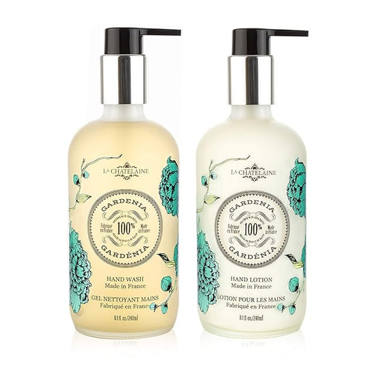 La Chatelaine Hand Wash & Lotion Set | Sulfate Free | Frosted Glass Bottles | Nourishing Shea Butter Formula | Natural and Organic | Made in France | 2 x 8.1 oz. (Gardenia)