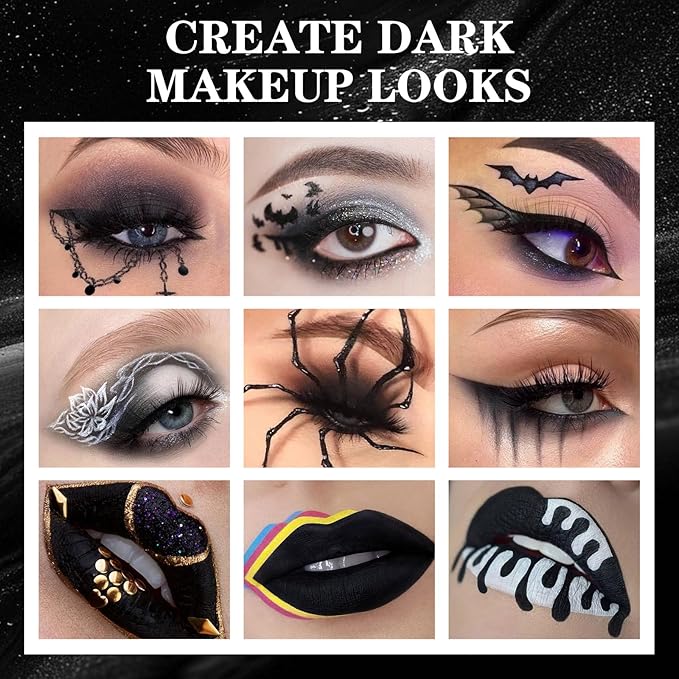 BOBISUKA Eyeshadow + Lipstick Makeup Kit, 6 Colors Dark Black White Silver Gray Shimmer Matte Metallic Smokey Eye Shadow Pallet with Black Matte Liquid Lipstick Makeup Set for Halloween