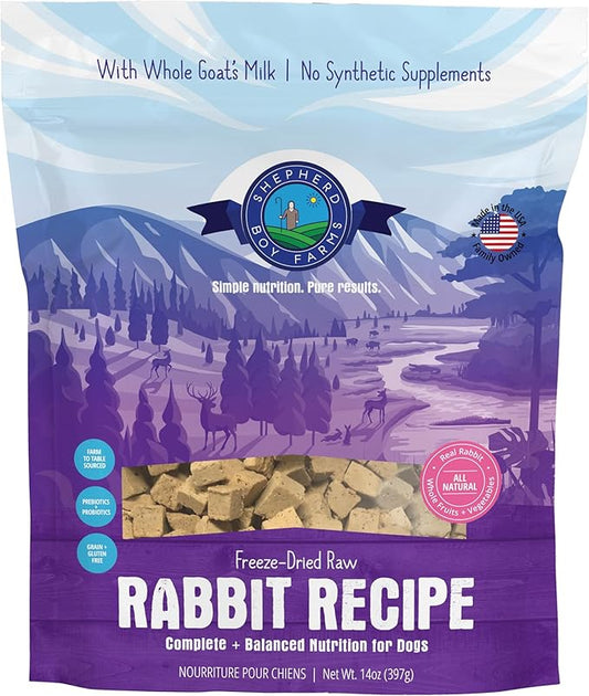 Freeze Dried Raw Dog Food, Rabbit Recipe, All Natural, No Synthetics, Made in USA with Goat's Milk & Organic Produce, High Protein, Complete Meal (14oz)