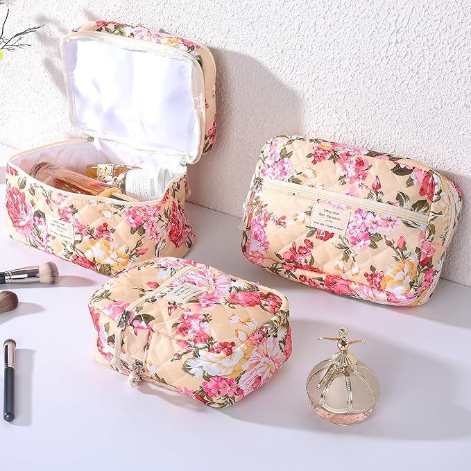 Anfly Makeup Bag, Quilted Cosmetic Bags, Large Floral Make Up Bag, Cute Makeup Bag 3PC Set for Women Girls (Large Flowers)
