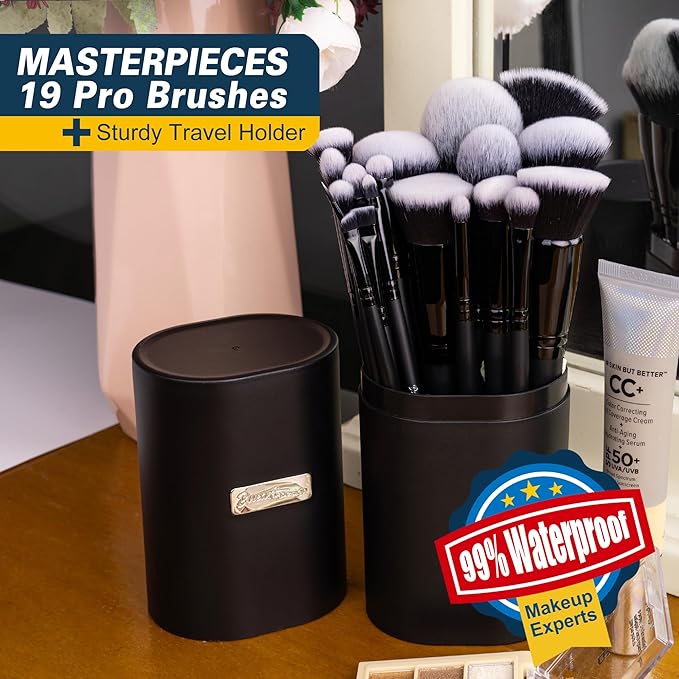 Bueart Design 19Pcs ULTRA SOFT Black labeled DENSE HAIR Makeup Brushes set Contains large powder Flat Foundation Ultimate Blending Make up Brush set Blush Face Brush Concealers contour Eyeshadow
