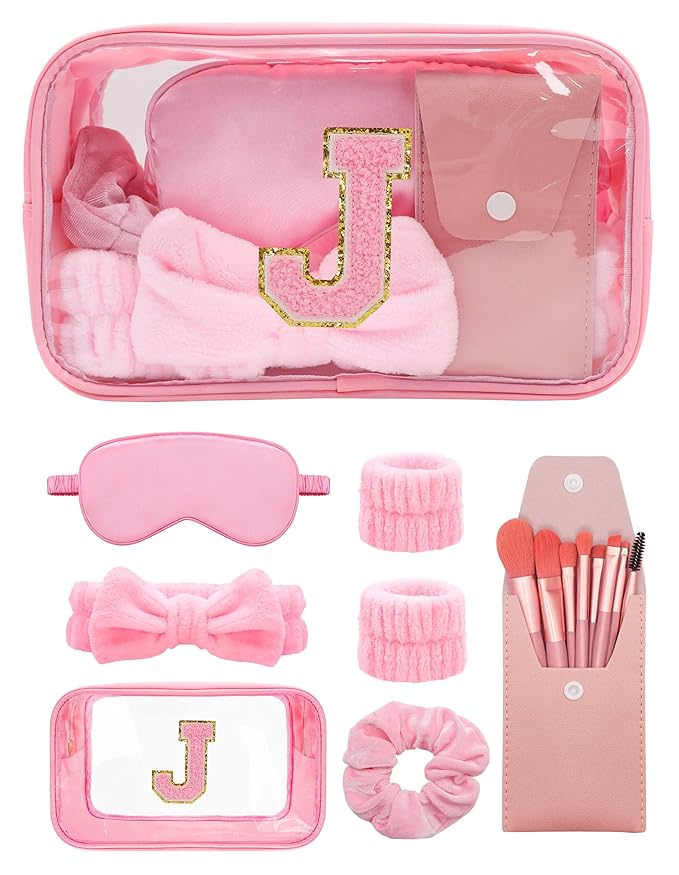 Gift Sets for Women, Initial Makeup Bag with Makeup Brush Set Bachelorette Party Favors, Pink Spa Kit with Skincare Headbands Wrist Bands Sleepover Party Supplies Gifts for Teen Girls Bridesmaid J