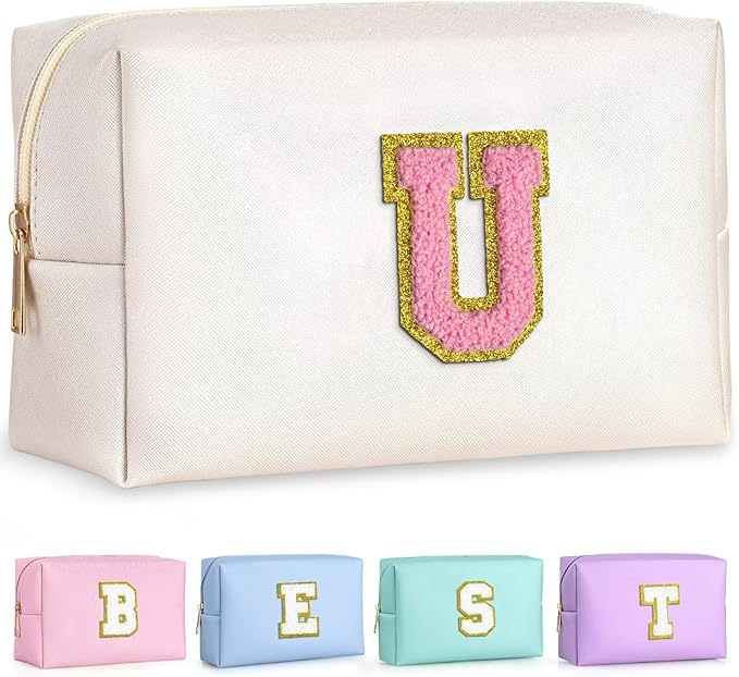 TOPEAST Personalized Makeup Bags for Women, Chenille Letter Pouch Cosmetic Bag with Zipper, Travel Toiletry Bag, Monogrammed Birthday Gift for Friends, Cute Stuff for Girls (Pearly White U)