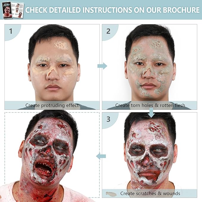 Halloween Zombie Makeup, Complete Zombie SFX Makeup Kit Set with Face Paint, Liquid Latex, Scar Wax & Fake Blood for Special Effects Make Up, Costume Cosplay Stage & Movie