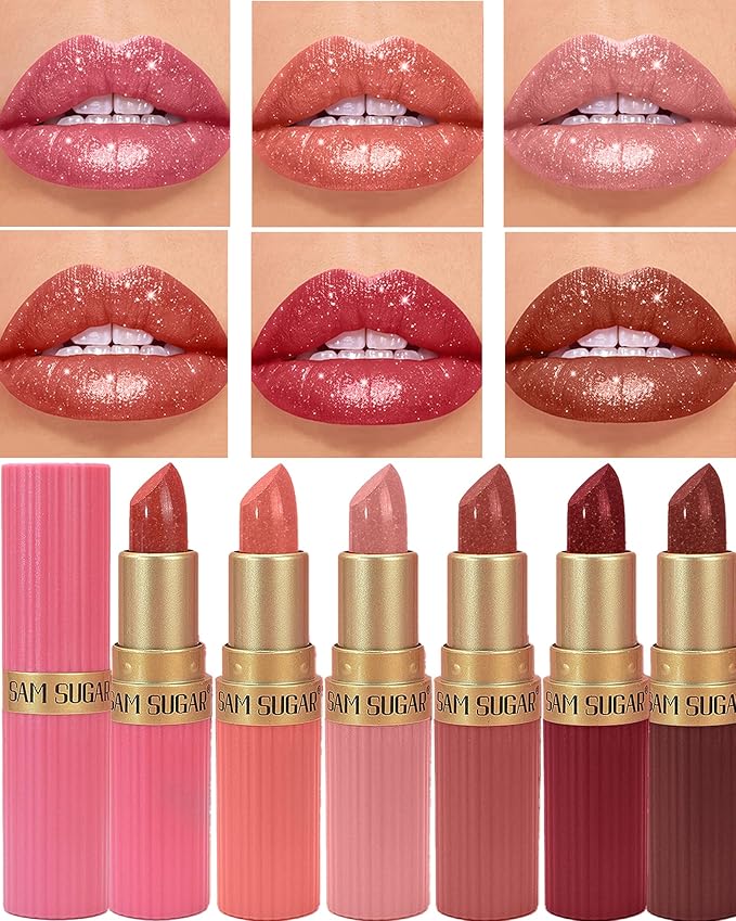 6Pcs Sparkling Glitter Lipstick,Long Lasting Shimmer Metallic Lipstick for Women Glitter Nude Pink Brown Dark Rose Red Color Waterproof Lip Gloss,Diamond Shiny Non-Stick Lipgloss labiales Makeup Gift