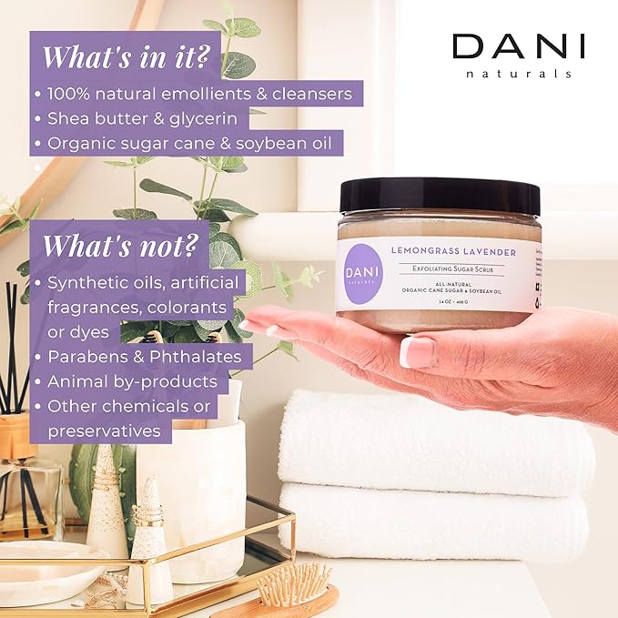 DANI Naturals Sugar Scrub - Exfoliating Lemongrass Lavender with organic cane sugar and shea butter gently exfoliates and hydrates, leaving skin smooth and refreshed. 14 oz