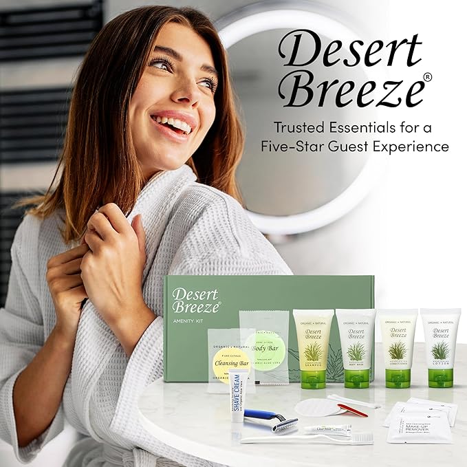 Desert Breeze Amenity & Accessory Kit | 1 oz Shampoo, Conditioner, Lotion, Body Wash, Body Bar, Cleansing Bar, Shave & Dental Sets, Make-Up Wipes, Vanity Kit | 15 Sets per Case