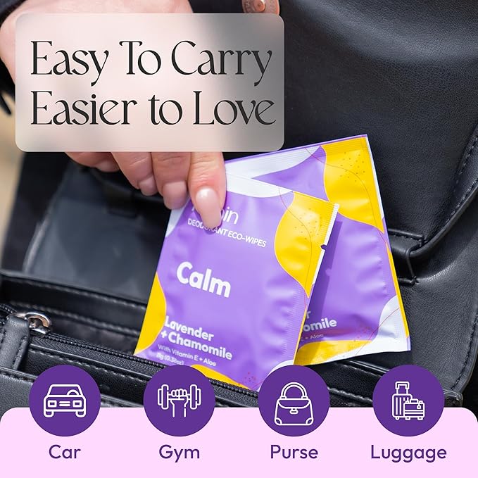 FOMIN Travel Deodorant Wipes - 50 Count - Calming Lavender and Chamomile - pH Balanced, Hypoallergenic Mini Deodorant Wipes For Women and Men - Plastic-Free, Individually Wrapped Underarm & Body Wipes