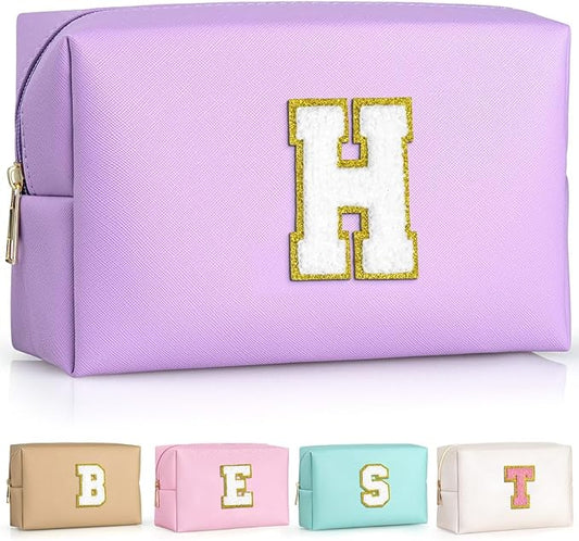 TOPEAST Preppy Bag, Monogrammed Makeup Bags with Zipper, Cute Makeup Pouch, Initial Birthday Gifts Bag for Daughter Friends Sister, Preppy Things for Girls (Purple H)