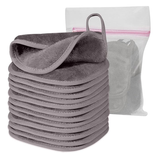 Makeup Remover Cloth, 6" x 6" Make Up Towels Reusable Face Cloth for Washing Face, Makeup Remover Pads Microfiber Face Washcloth with Mesh Bag, Just Water, 12 Pack, Cool Grey