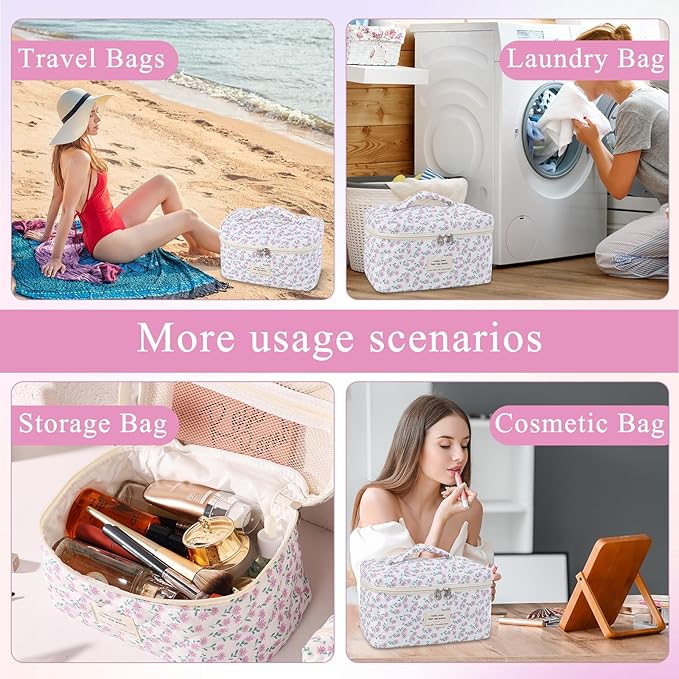 Anfly Makeup Bag, Quilted Cosmetic Bags, Large Floral Make Up Bag, Cute Makeup Bag 3PC Set for Women Girls (Purple)