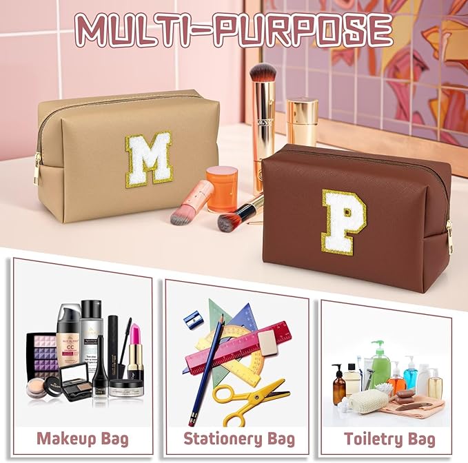 TOPEAST Initial Makeup Bags for Women, Personalized Portable Cosmetic Bag for Travel, Cute Makeup Pouch, PU Leather Waterproof Toiletry Bag, Preppy Things for Girl (Brown V)