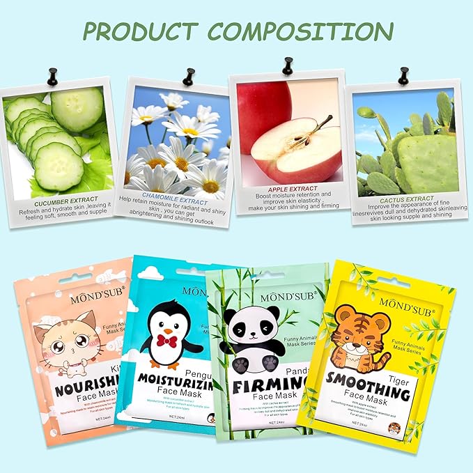 Animal Spa Mask, Character Masks Sheet- Penguin, Panda, Tiger, Cat -Nourishing Moisturizing Effects For All Skin Types- Birthday Party Gift for her, Girls Night, Spa Night, Beauty Gift (8pack)