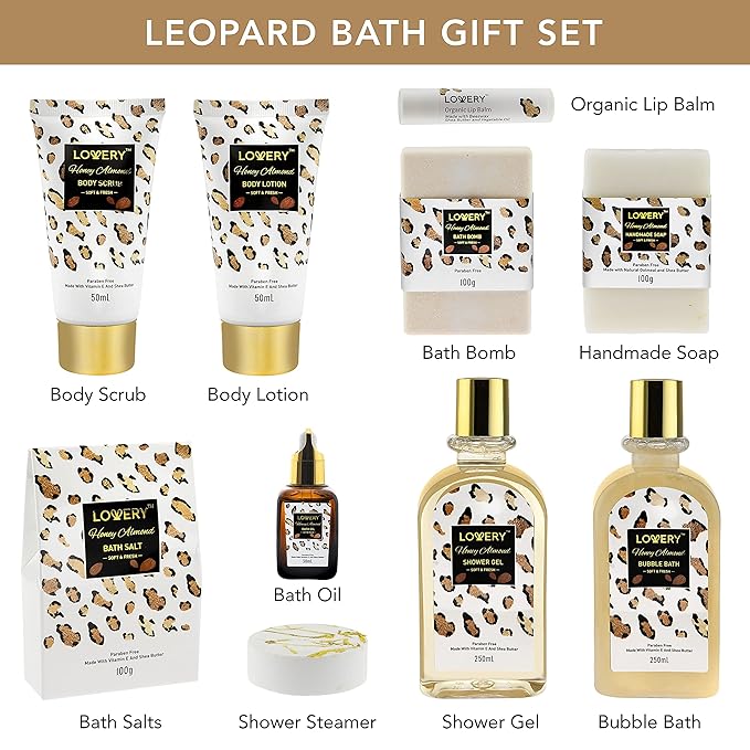 Luxury At-Home Spa Kit with Honey Almond Scent - Bath Gift Basket with Vit E-Rich Bath Essentials, Tumbler, Ear Candles, Bath Oil, Salts, Shower Steamer, Organic Lip Balm & More in Leopard Basket, 21