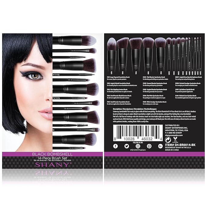 SHANY Makeup Brushes - Black Bombshell - 14-Piece Brush Set – Foundation Powder Concealers Eye Shadows Makeup brushes - Complete Kabuki Makeup Brush Set in Black - 14 PCS