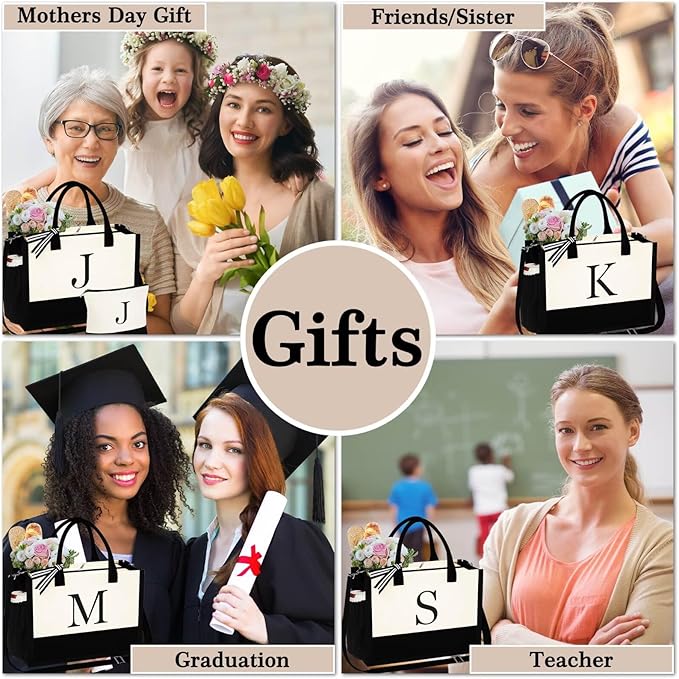 YOOLIFE Gifts for Women - Initial Tote Bag & Makeup Bag, Birthday Gifts for Women Mom Wife Teacher Friend