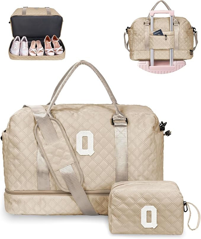 Girly Gifts for Women, Gifts for Women-Initial Travel Bag with Shoe Compartment, Personalized Weekender Bag, Monogram Overnight Bag for Women, Letter Travel Bag with Makeup Bag (Letter Q)