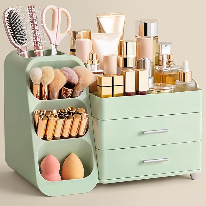 HBlife Makeup Organizer with Brush Holder for Vanity, Large Plastic Bathroom Countertop Organizer Skin Care Storage, Easy to Store Lipsticks, Nail Polishes, Perfumes, Eyeshadow Palettes, All Green