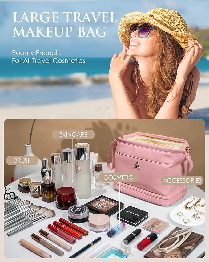 Travel Essentials for Friends Female Mom, Personalized Makeup Bag, Double Layer Cosmetic Bag with Makeup Brush Organizer, Waterproof, Large Capacity PU Leather Toiletry Bag Customized Gifts