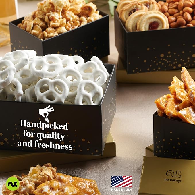 NUT CRAVINGS - Diwali Chocolate Covered Pretzels & Caramel Popcorn Gift Basket, in Black Tower + Ribbon (8 Assortments) Food Arrangement, Healthy Snack Care Package, Food Assortments