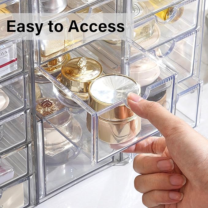 Prsildan Acrylic Drawer Makeup Organizer with 6 Drawers, Set of 2 Office Desk Organizers Accessories, Clear Stackable Storage Drawers for Vanity, Craft, Not for Baby Bottle (Largest Drawer 4" Tall)