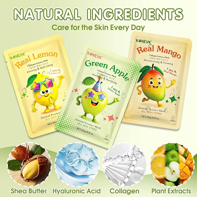 56 Pack Fruit Collagen Face Masks Skincare for Teens Girls, Sheet Face Mask Skin Care for Kids, Bulk Hydrating Facial Masks for Women, Face Mask Set for All Skin Types, Birthday Party Spa Gifts