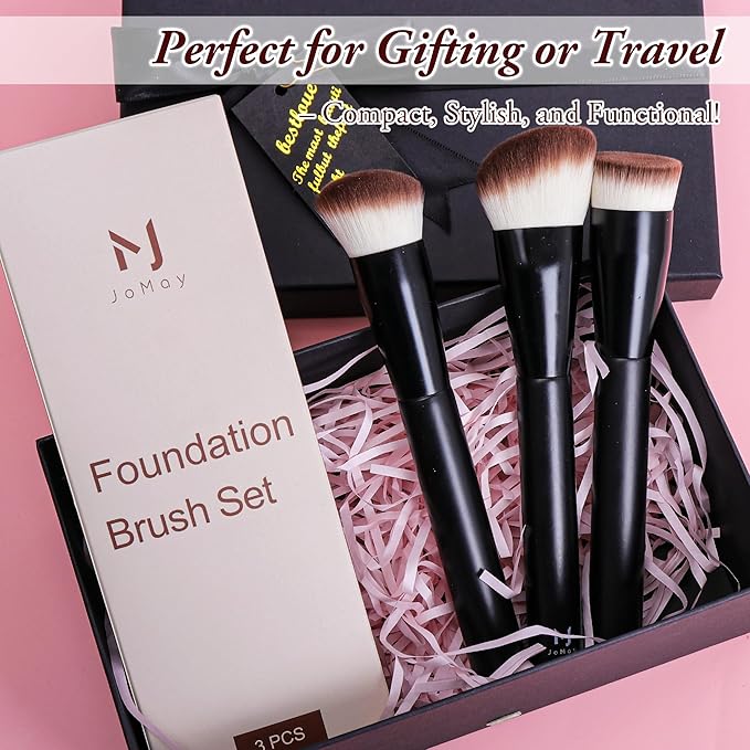 Professional Foundation Brush Set for Liquid Makeup - 0.06mm Ultra-Fine Bristles | Concealer Blush Contour Liquid Cream Blending Angled Shape | No Shedding & Easy Clean | Kabuki Makeup Brushes (3 pcs)
