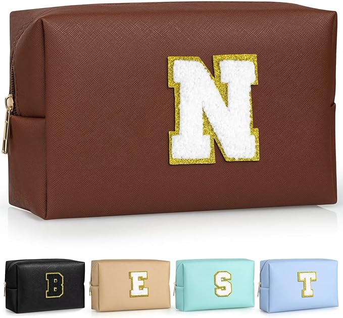 TOPEAST Preppy Stuff Cute Makeup Bag Small Cosmetic Bag Travel Toiletry Bag, Personalized Birthday Wedding Gifts for Mom Teacher Friends Bridesmaids, Preppy Travel Stuff for Girls (Brown N)