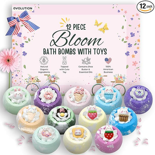 EvolutionUSA 12pc Bloom Bath Bombs with Toys, Adorable Girl Bath Bomb Set, Bubbly Kids Bathbombs, Fizzy Bath Ball, Kids Bath Bombs for Girls, Childrens Bath Bomb Set Birthday, Christmas, Easter