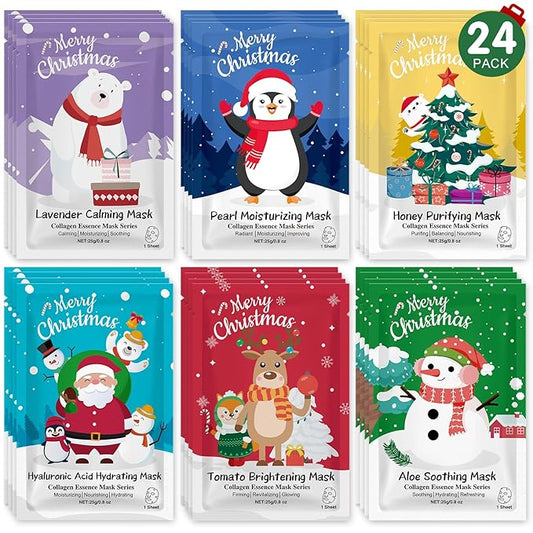 24 Pack Christmas Facial Masks for Stocking Stuffers, Hydrating Sheet Face Masks Skincare, Bulk Facial Masks Set for Women Skin Care, Christmas Gifts for Women