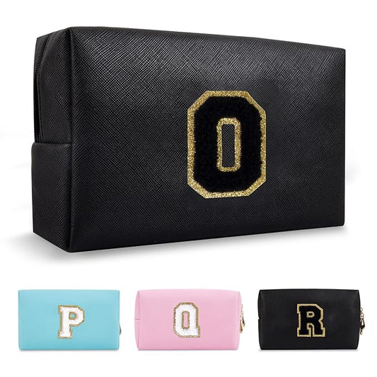 Personalized Initial A-Z Preppy Patch Makeup Bag,Small PU Chenille Letter Cosmetic Bag with Zipper for Teen Girls,Black Cute Toiletry Organizer Bag,Monogram Makeup Case Gift for Women Girls,Letter O