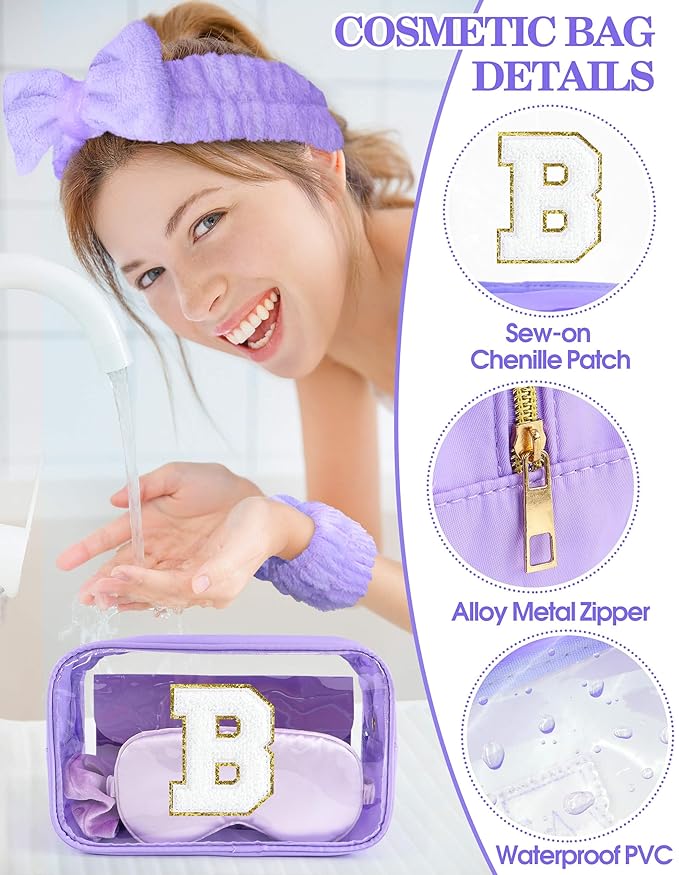 Gift Sets for Women, Initial Makeup Bag with Makeup Brush Set Bachelorette Party Favors, Purple Spa Kit with Skincare Headbands Wrist Bands Sleepover Party Supplies Gifts for Teen Girls Bridesmaid B