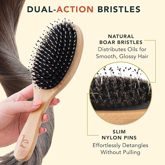 Boar Bristle Hair Brush - Smoothes & Detangles All Hair Types, Hairbrush for Women, Men & Kids, Brush for Thick Hair, Distributes Oils for Natural Shine & Stimulates Scalp