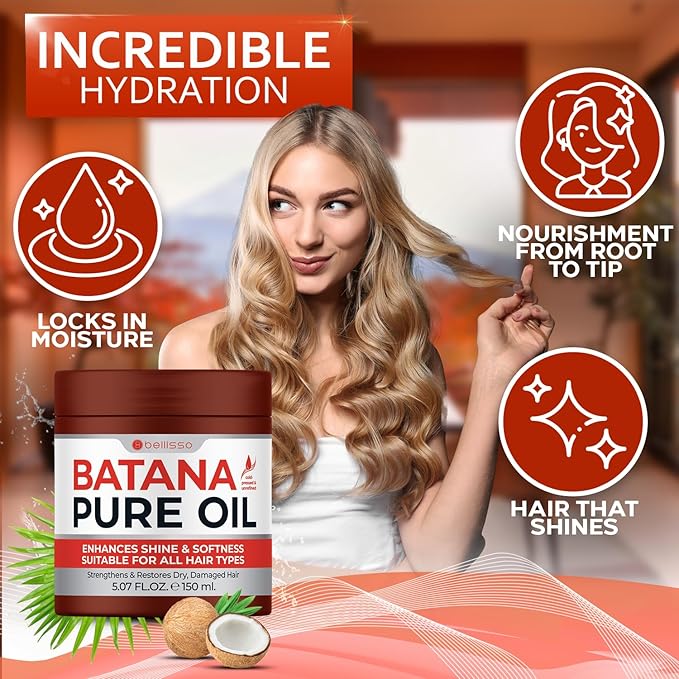 Batana Oil - Pure, Unrefined and Cold Pressed - Volumizing Hair Treatment for Women and Men - Hydrating Nourishment for Dry, Broken and Brittle Split Ends - Deep Hydration and Moisture Hair Mask