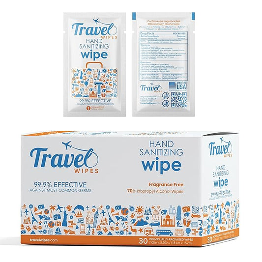 Hand Sanitizing Travel Wipes – 30ct Individually Wrapped | Fragrance-Free, Moisturizing, 70% Isopropyl Alcohol Wipes | Travel, Home, Office, Daily Use | Made in USA