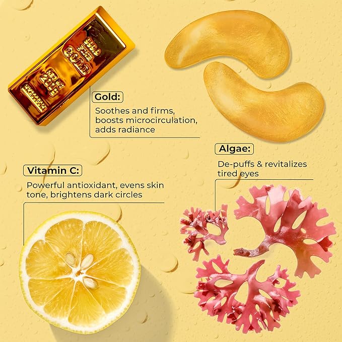 24K Gold Eye Patches for Puffy Eyes and Dark Circles, Luxury Anti-aging Skincare - Collagen Anti Wrinkles Patches w/Vitamin C & Niacinamide to Hydrate, Depuff, Smooth Fine Lines – 25 pairs