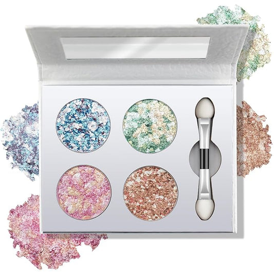 Color Nymph Glitter Eye Shadow Palette | Multichrome Eyeshadow Pallet with ALL Shimmer Shades | Travel Size Eye Makeup Palette with Mirror & Brush | High-Pigment Long-Lasting & Blendable(Four Seasons)