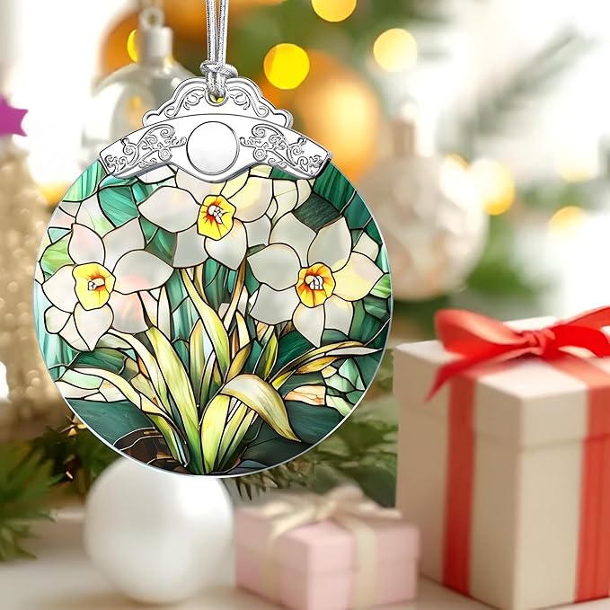 Christmas Ornaments: Stained Glass-Style December Birth Flower Ornament – Christmas Tree Decorations, Holiday Party Gifts, Mother's Day & Birthday Gifts for Women, Mom & Grandma | Birth Flower Gift